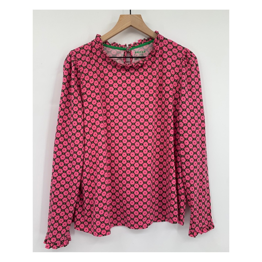 Boden Shirt Womens 22/22 Pink Green Floral Ruffle Neck Top Long Sleeve Cotton